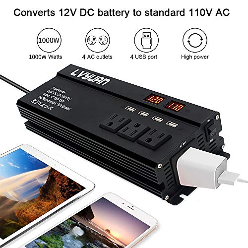 Yinleader 1000W Car Power Inverter DC 12V to 110V AC Converter with 4 USB Ports,4 AC Outlets,LED Display for Truck/RV