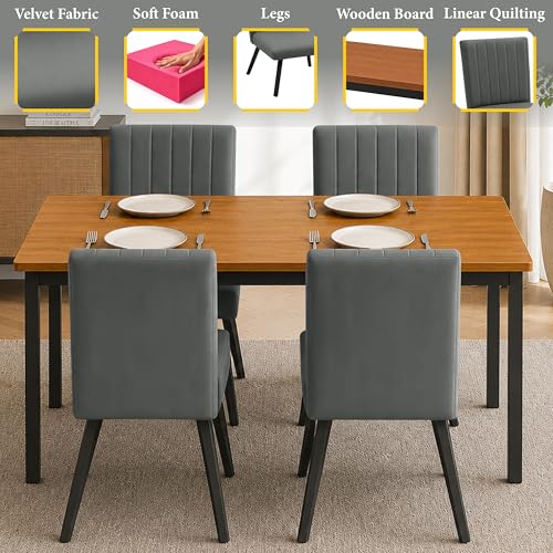 Image of Rosebell Set of 4 Dining Table Chairs with Wooden Top Table, Upholstered Cushioned Chairs, Modern Compact Dining Set for Home, Kitchen & Dining Room (Grey)