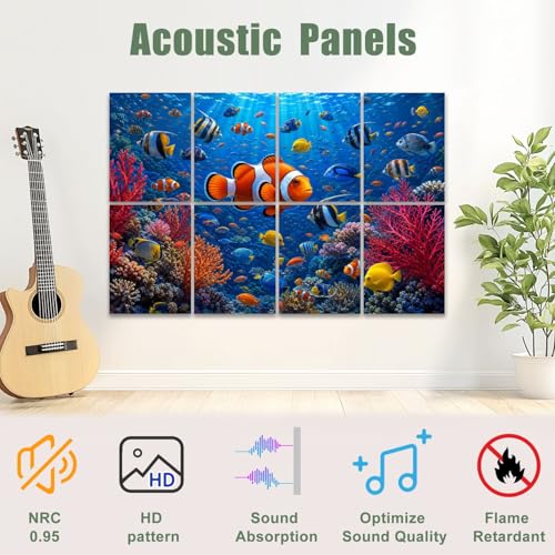 8 Pack Art Acoustic Panels Sound Absorbing Vibrant Coral Tropical Fish Bright Clownfish Crystal Blue Water Decorative Soundproof Wall Panels Self Adhesive for Recording Studios Office 48"x32" miniatura 3