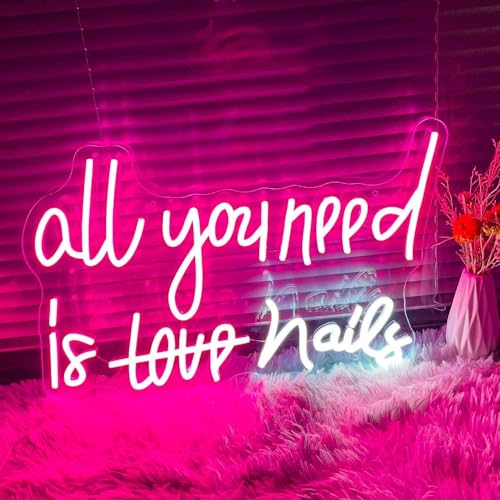 Image of WLHOPE All You Need is Nails Neon Sign - Pink LED Signs with USB Connectivity for Bedroom, Home Bar, Girls Room, Beauty Shop, Nails Room - Gift for Girls