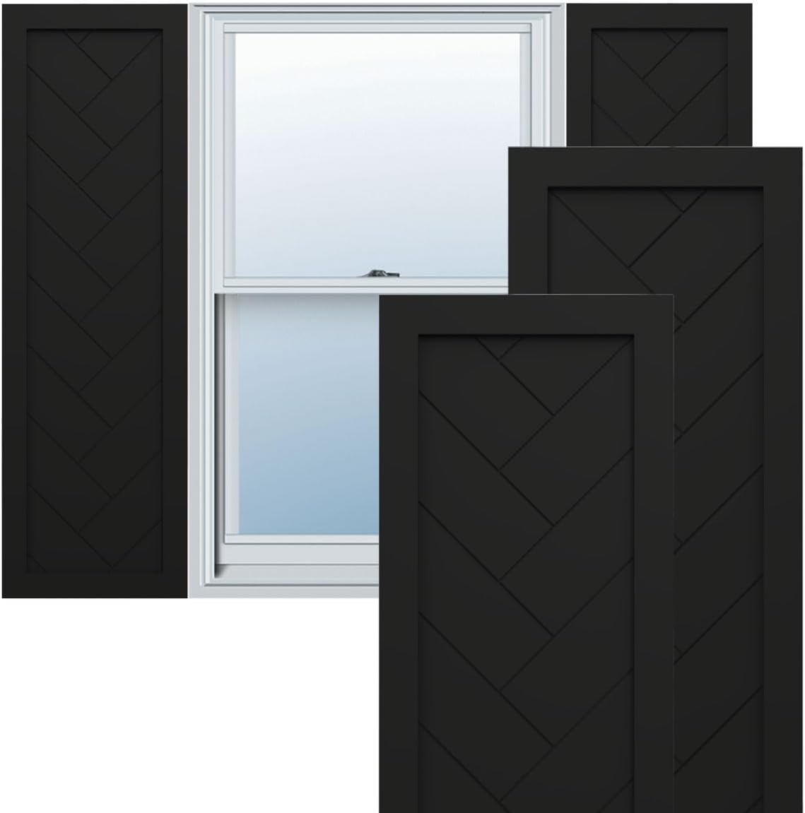 15"W x 36"H True Fit PVC Single Panel Herringbone Modern Style Fixed Mount Shutters, Black (Per Pair - Hardware Not Included)