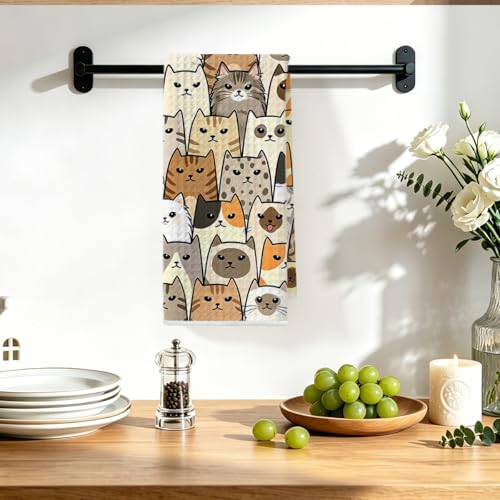 Image of Hanamiya Na Cute Cat Kitchen Towels 24x14 Inch, Cats Gifts Reusable Dish Towels for Kitchen Bathroom Home Decor, Waffle Weave Absorbent Hand Cloth Tea Towel, Cat Lover Gifts for Women Mom Friend