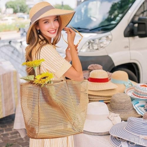 CWB&ADB Large Mesh Beach Tote Bag, Foldable Summer Handbag, Tan2