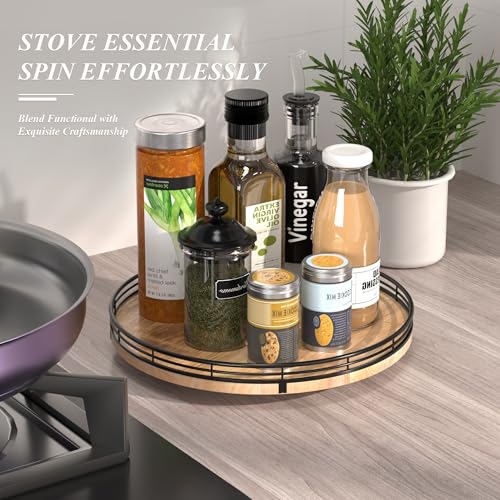 Image of 12 inch Lazy Susan Oak Wood Turntable Organizer for Cabinet, Farmhouse Round Wooden Lazy Susan Organization and Storage for Dining Table, Pantry, Kitchen, Bathroom, Countertop, Cupboard, Home Decor