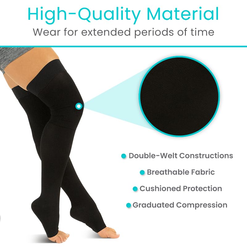 Image of Vive 15-20 mmHg Open Toe Thigh High Compression Socks for Men & Women - Thigh High Compression Stockings & Support Hose for Varicose Veins, Circulation & Pregnancy Support - Over the Knee Leg Sleeve