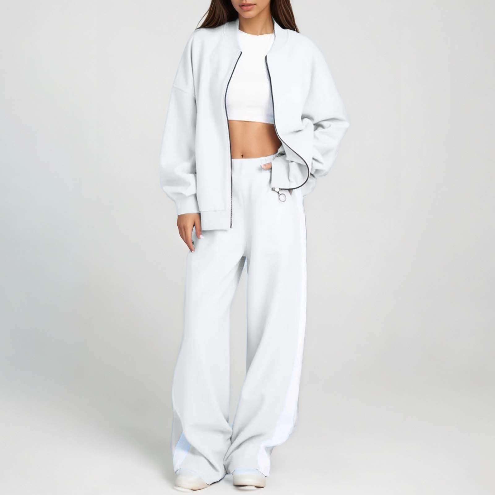 Generico Giacca Donna Scollo Tondo Felpa Pantaloni Dritti Moderno Confortevole Capospalla Giubbino Casual (Bianco, XXL)