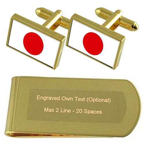 Gemelos de la bandera de Japón tono oro y money clip grabado juego de alta gama para caballero