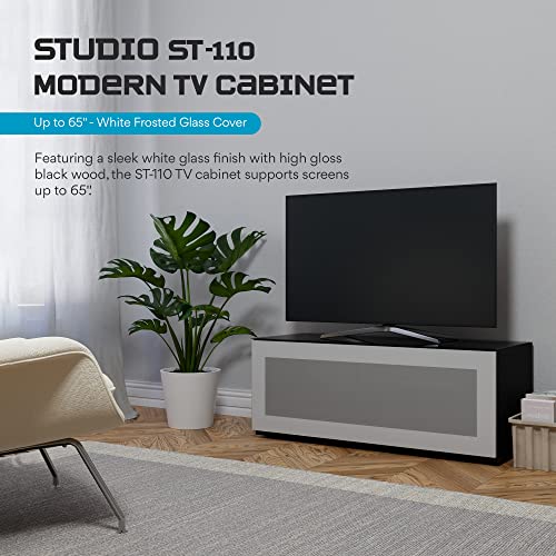 Image of SONOROUS ST-110 Premium TV Stand with Black Wood & White Glass Cover - Modern Entertainment Center & Media Console for Living Room - TV Cabinet up to 65 Inch with Hidden Wheels - Sleek Storage Design
