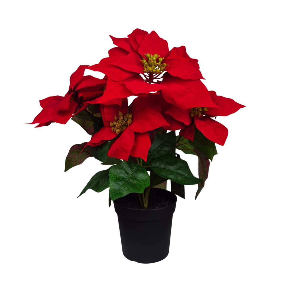 GreenBrokers Artificial Red Poinsettia Christmas Flower Plant in Pot 46cm/18in