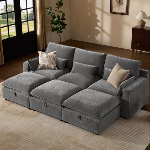 Image of WorthFurni Modern Modular Sectional Sofa,103 inch Sleeper Sofa Bed Minimalist Couch with Storage Ottoman,Comfty 6 Seat Sofa for Living Room,Grey Chenille