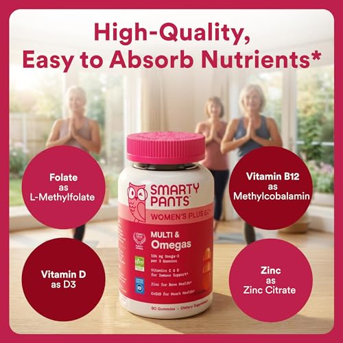 SmartyPants Women’s Plus 50+ Multi & Omegas Multivitamin Gummies with Omega 3 DHA/EPA, Methylfolate, CoQ10, Vitamin D3, C, B12, B6, A, K, Biotin, Two Fruit Flavors, 90 Count (30 Day Supply) - image 4