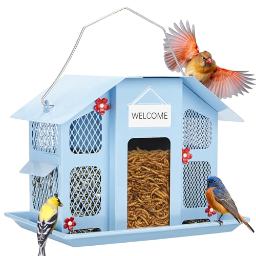 Kingsyard Bird Feeder House for Outsdoors Hanging, Metal Mesh Wild Bird Feeder with Triple Feeders for Finch Cardinal Chickadee, Large Capacity, Weatherproof and Durable, Blue