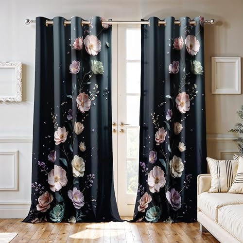 Image of Ultimate Trends Room Darkening Digital Printed 3D Prints Curtain 65-70% Opacity,Diamond Eyelets, Tie Back, Floral Decorated, 6 FEET Pack of 2,Charcoal Blue Blush Pink
