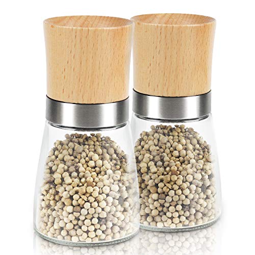 Aikzik Pepermolen, kruidenmolen met verstelbaar keramisch maalwerk, zout- en pepermolen, ook als moderne zoutmolen, chilimolen, van roestvrij staal, hout en glas (set van 2)