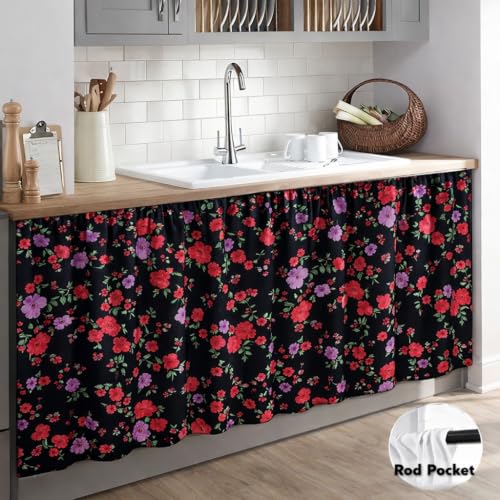 Image of Premium Printed Kitchen Sink Curtain | Washable & Dustproof Rod Pocket Counter Skirt | Perfect for Any Sink | Multicolor Cooking Theme Decor for Home & Kitchen(150cm X 70cm) (Red Rose)