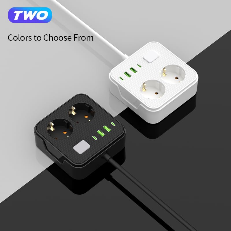 Steckdosenleiste 6-in-1 mit 2M Kabel, 2 AC-Steckdosen, 2 USB und 2 Type-C Anschlüsse, für Zuhause, Büro und Reisen