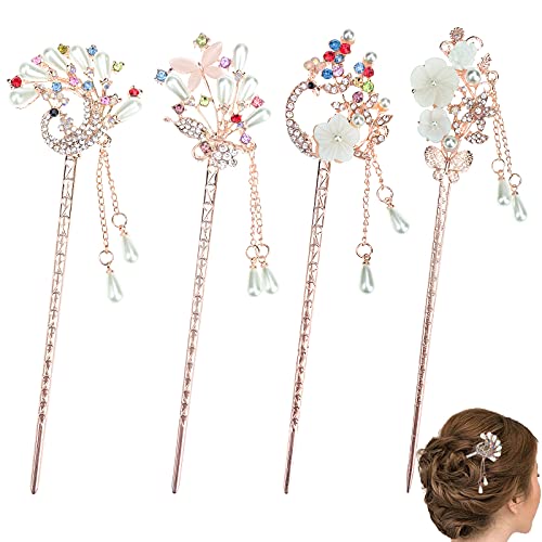 Kukiwhy 4 Pcs Rhinestone Pearl Flower Hair Stick Chinese Hair Chopsticks Vintage Tassel Hair Pin Chignon Pin Chopsticks Hair Styling Hair Making Accessories for Women (4 style)