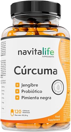 Cúrcuma 1360 mg + Probióticos + Jengibre + Pimienta negra. Alto porcentaje Curcumina. Alta biodisponibilidad. Acción natural dolor muscular e inflamación. Cúrcuma capsulas Navitalife Supplements.