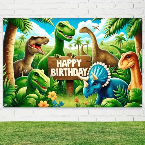 Image of BlissYard Happy Birthday Banner Dinosaur Decrations Backdrop 84x60 Inch Seasonal Dino Park Theme Party Background Decoration for Boys Kids Birthday Banners for Girls or Boys Gifts