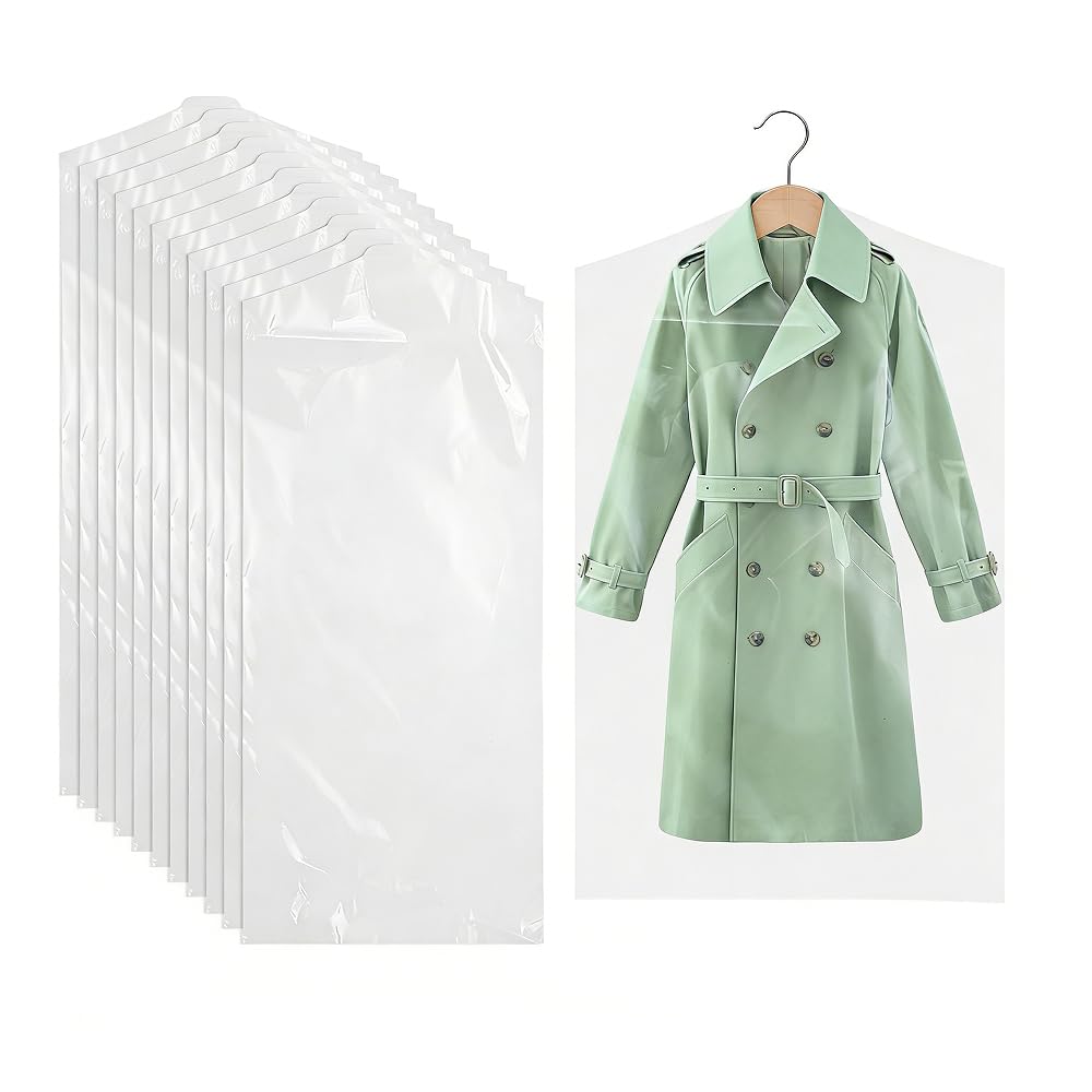 WeeGoo 50 Pcs Plastic Clothes Covers, 60X150cm Clear Clothes Bags Hanging, Transparent Dust-proof Garment Protector Cover for Shirt Dress Sweater Coat Jacket Suit