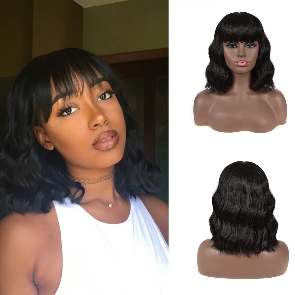 Short Black Bob Wig with Bangs 12inch Synthetic Short Curly Wigs for Black Women Machine Made Natural Looking Wavy Wigs for Daily to Use (1B)