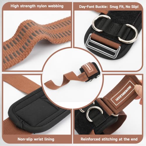 Image of MANUEKLEAR Non-Slip Wrist Straps for Weightlifting Deadlifting, Gym Lifting Straps with D Rings for Cable Machine Workout, 10mm Neoprene Padded Weight lifting Wrist Wraps for Men Women (Brown, M (16.0-19.0 cm))
