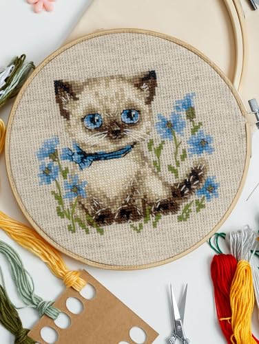 Image of RIOLIS - Siamese Kitten 2118, Cross Stitch Kits 6 inch x 6 inch, Cross Stitch Kits for Beginners & Advanced, Crossstitching Kit Adult, Embroidery Counted Stitching Kit