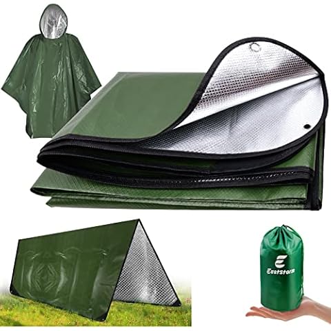 E EASTSTORM 210×150cm Heavy Emergency Blanket with Rain Poncho,Thickened Bivvy Bag Survival Rescue Blanket Reusable,Tarpaulin Waterproof Reflective Tarp Three layers of Protection for Outdoor Camping Cover
