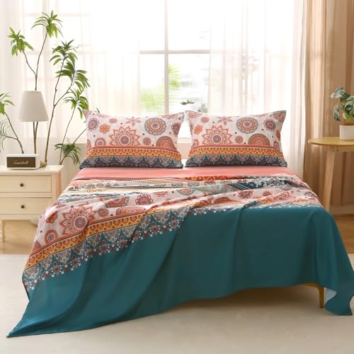 Image of MUXHOMO Queen Size 4 Piece Sheet Set, Soft & Breathable Sheet for Bedroom with Deep Pocket Up to 16 inch, Wrinkle-Free & Cooling Bed Sheet with Flat Sheet, Fitted Sheet & Pillowcases - Bohemian Flowers