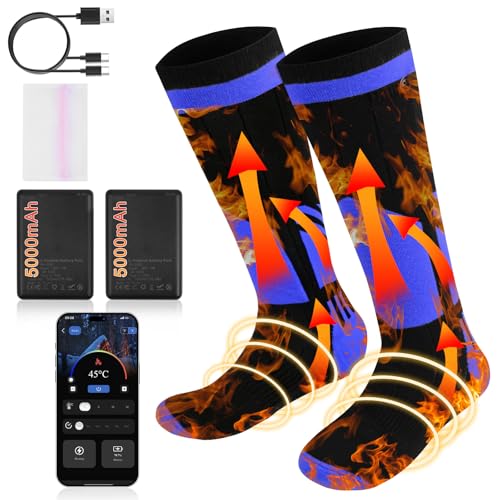 Calcetines Calefactables Hombres Mujeres, Calcetines Termicos Recargable con App Control 4 Niveles Temperatura, Eléctrico Calcetines Calefactables para Esquí Acampar Caza Pesca en Hielo(Negro y Azul)