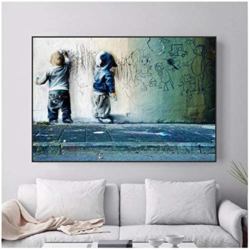 yhyxll Kids Boys Scrawl Banksy Wall Art Sparring impressão em tela graffiti para quadros de parede decoração cartaz abstrato e impressão - 60 x 90 cm moldura interior de madeira