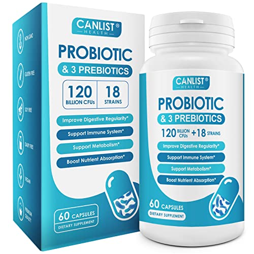 CANLIST Probiotics 120 Billion CFUs 18 Strains, 3 Prebiotics & Digestive Enzymes for Men Women ,Digestive & Immune Support ,Shelf Stable Non-GMO 60 Vegetarian Capsules, Blue-1