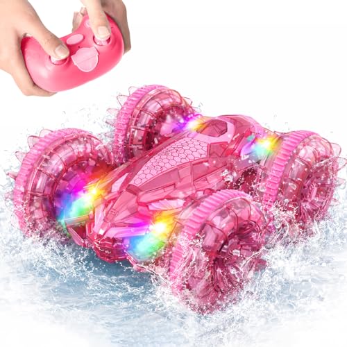 MidiVix Amphibienfahrzeug Ferngesteuertes Auto 90 Min Spielzeit 2.4GHz Double-Sided Stunt RC Auto Car mit LED Licht 4WD 360 Drehung Pool & Outdoor Spielzeug Geschenke für Kinder 6-12 Rosa