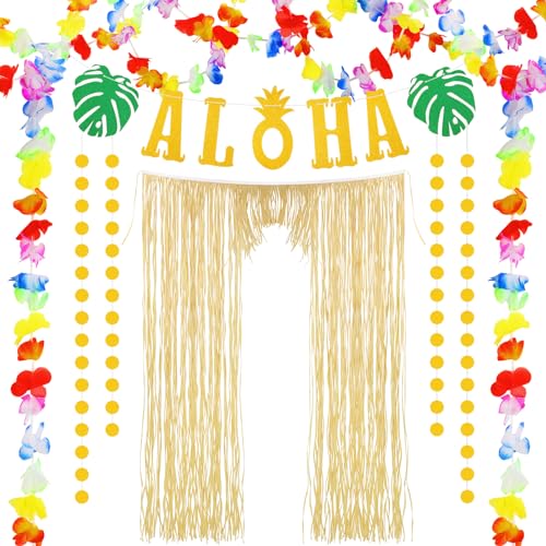 Image of Dingion 4 Pcs Hawaiian Aloha Party Decor Luau Theme Party Supply Tiki Decor Summer Raffia Door Curtain, Gold Glittery Aloha Banner, 2 Tropical Luau Leis for Hawaiian Holiday Birthday Wedding Beach