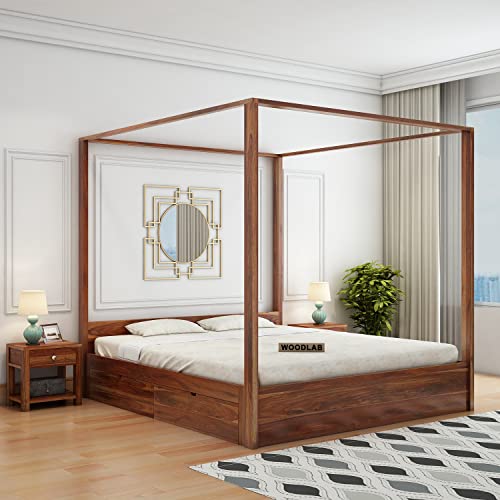 Image of WOODLAB Furniture Sheesham Wood King Size Poster Bed with 4 Side Pullout Drawer Storage | Wooden Double Size Cot Palang for Bedroom Living Room Home and Hotel (Honey Finish)