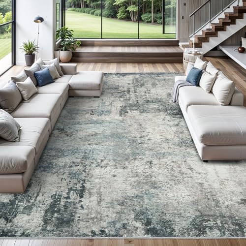 RUUGME Abstract 10X14 Washable Rug - Area Rugs for Living Room Large Indoor Ultra Thin mat for Bedroom Stain Resistant Non-Slip Backing Distressed Soft Room Farmhouse Floor Carpet 10X14 Blue