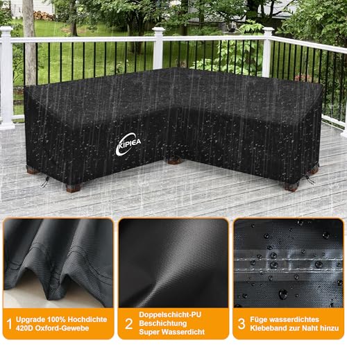 Kipiea Abdeckung Loungemöbel L-Form Wasserdicht, Abdeckung Gartenmöbel Winterfest, 420D Lounge Abdeckungen Winddicht, L-Form Abdeckplane Gartenmöbel Reißfest, Anti-UV (V-Förmig 250x250x85x78cm)