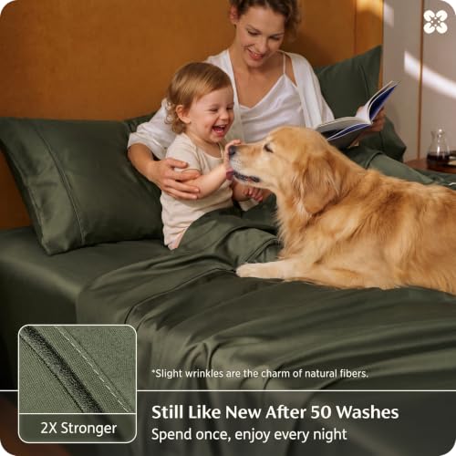 Image of Bedsure PureWoven 100% Giza Egyptian Cotton King Sheets, CEA & BV Certified | 18 inch Deep Pocket Sateen Sheets with Corner Straps, Durable & All-Season Breathable, Hotel Luxury, Oeko-Tex, Olive Green