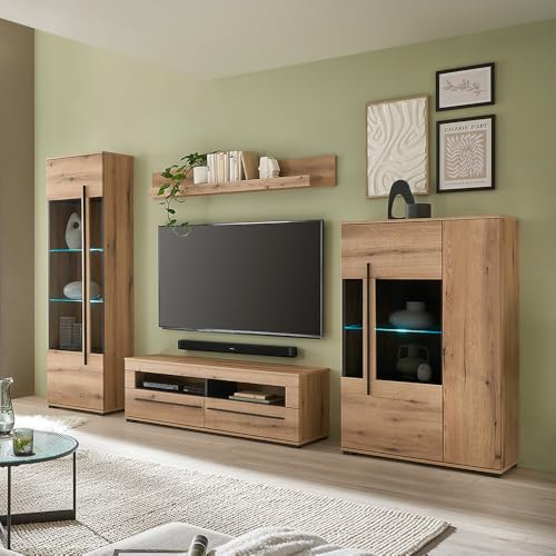 Wohnwand Wohnzimmer-Set 4-teilig mit Vitrine, Lowboard & Vitrinenschrank in Eiche inkl. LED Beleuchtung Wohnwand Wohnzimmer-Set 4-teilig mit Vitrine, Lowboard & Vitrinenschrank in Eiche inkl. LED Beleuchtung