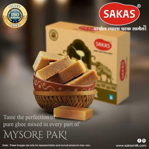Image of SAKAS Mysore Pak 200g | Pure Ghee Soft Melt-in-Mouth Mysore Pak | Traditional South Indian Mithai | No Added Preservatives | Fresh Hygienic Sweet Gift Pack | Since 1993 | 60 Days Shelf Life