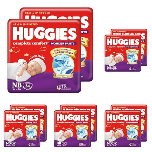 Image of Huggies Complete Comfort Wonder Pants | Pant Style Baby Diapers Newborn Size (NB /XS), 48 Count | India's Fastest Absorbing Diaper, Prevents Diaper Rash, Ideal for 0-5 Kgs (24 Count, Pack of 10)