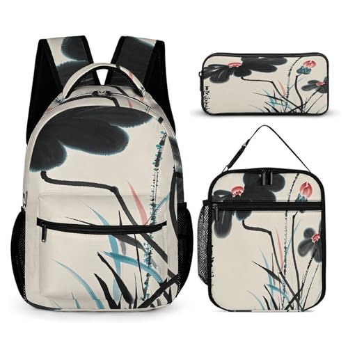 3Pcs Backpack Sets Ink And Wash Print Travel Daypack 3 in 1 Lightweight Backpack Set with Lunch Bag And Cosmetic Bag