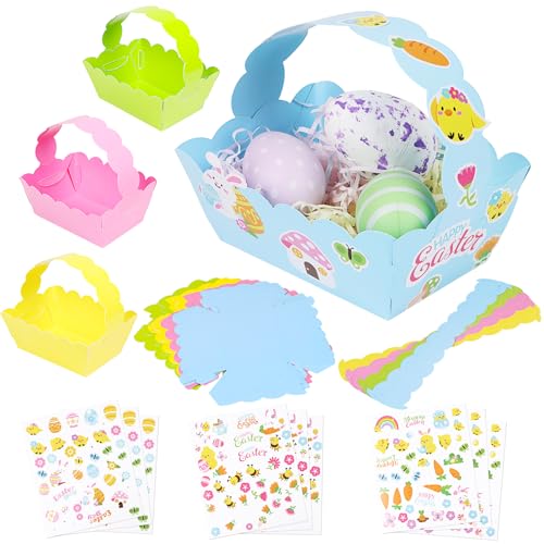 DERAYEE 8PCS Paniers de Pâques avec 6PCS Pâques Autocollant,Activité Manuelle Paques,Panier de Paques a Fabriquer Kit Activité Paques
