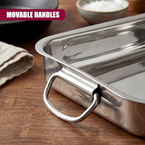 GEEZY Set of 3 Stainless Steel Roasting Tins (27, 31 & 36cm) - Large Rectangular Oven Roasting Tray with Movable Handles - Deep Nesting Baking Dish for Cooking Meat, Lasagne & Turkey - Image 5