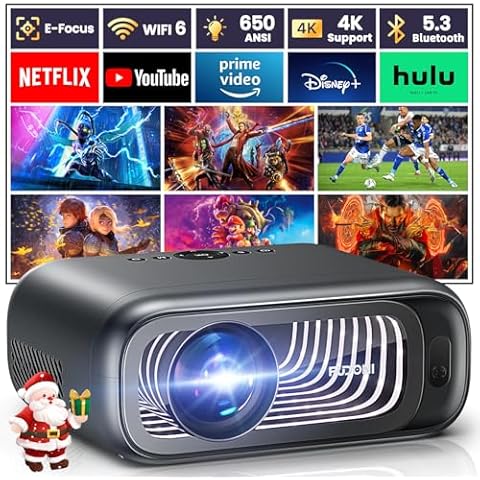 FUDONI Projector with WiFi 6 and Bluetooth Dual-way, 650ANSI Native 1080P 4K Support Outdoor Movie Projector Max 300'' Display Cover