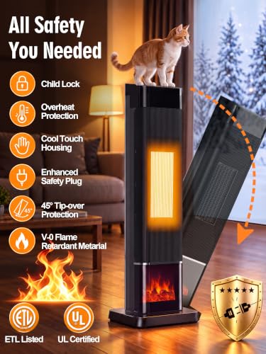 Uthfy Space Heaters for Indoor Use, 1500W Electric Heater for Large Room with 120° Oscillation&Child Lock, 24H Timer, 3 Color 3D Flame, Thermostat, Dust Filter, ECO Mode, Remote, Portable Tower Heater by Uthfy - Used condition - Image 16