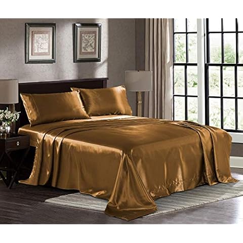 pure bedding Satin Sheets Full [4-Piece, Coffee] Hotel Luxury Silky Bed Sheets - Extra Soft 1800 Microfiber Sheet Set - Deep Pocket Fitted Sheet, Flat Sheet, Pillow Cases Cover
