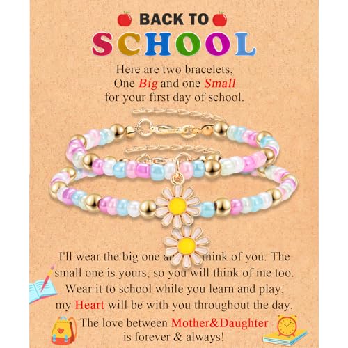 Image of Back to School Gifts Bracelet Mommy and Me Mom and Daughter Bracelets Set for 2 First Day of School Bracelet Gifts for Daughter Girls Kindergarten Preschool Pre k 1st 2nd Grade