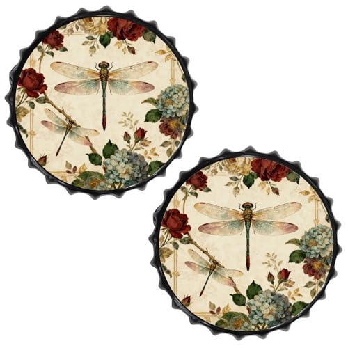 Rustic Luxury Dragonfly Printed Metal Bottle Caps Tin Signs 2PCS, Wall Art Tin Plaque Plat Decoration for Pub Garage Man Cave Garden Kitchen Street Home Decor 11.8 Inch