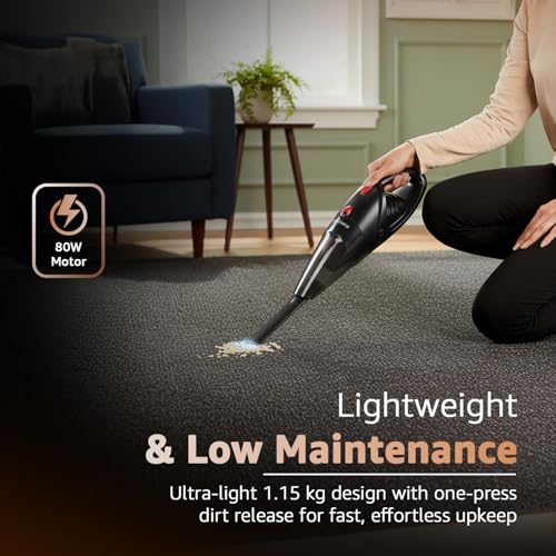 Image of Amazon Basics Cordless Vacuum Cleaner for Car & Home | Powerful Suction | Dual Mode, 7600mAh Rechargeable Battery & 12V DC Car Port | High Power Portable Lightweight Wireless Vacuum | Black